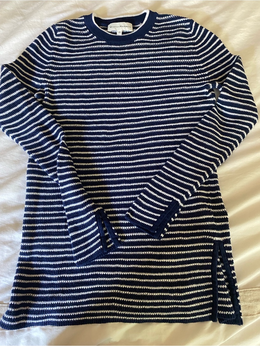 White + Warren 100% Cotton Long Sleeve Crew Neck Blue & White Slim Fit SweaterXS